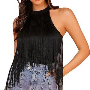 Verdusa Fringe Trim Sleeveless Bodycon Halter Top  Bodysuit NWOT